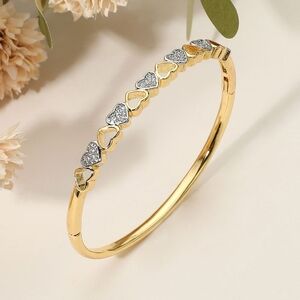 Gold Heart Stainless Steel Metal Hinged Rhinestone Crystal Bangle Bracelet